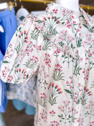 Rose Pink & Green Ditsy Floral Ruffle Defined Collar Top