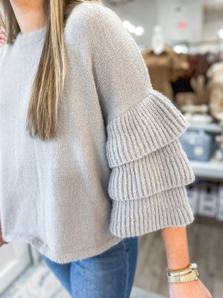 Light Grey Fuzzy Tiered Ruffle Sleeve Sweater