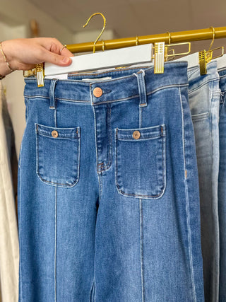 Medium Sawyer Patch Pocket & Pintuck Detail High Rise Crop Denim Jeans
