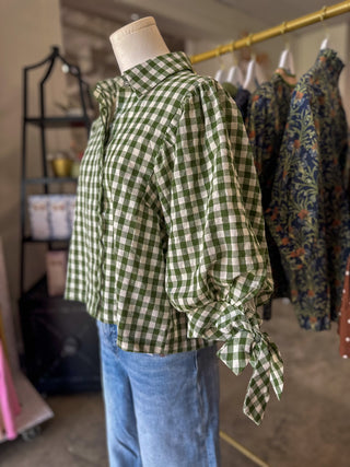 Olive Gingham Picnic Scallop Trim Blouse