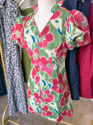 Green Brushstroke Blooms Faux Button Mini Dress