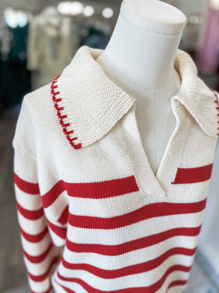 Red Varsity Striped Collared Long Sleeve Sweater