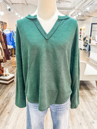 Forest Green Solid Notch Neck Knit LS Top