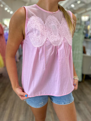 Baby Pink Contrast Mesh Detail Short Sleeve Top