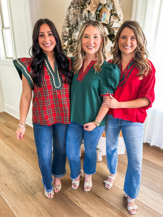 Noel Red & Green Plaid Scallop Trim Top