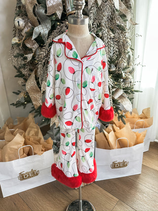Christmas Lights Print Pajama Set W/ Red Furry Trim