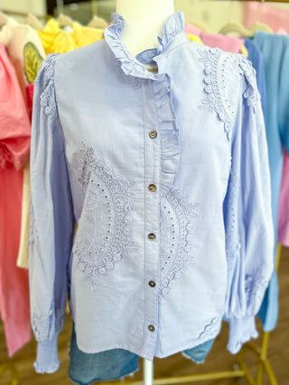 Lavendar Lucky Lace Embroidered Button-Down Blouse