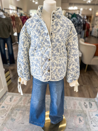 Blue Tied Into Spring Floral Print Quilted Jacket