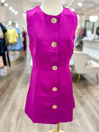 The Magenta Downtown Darling Gold Button Mini Dress