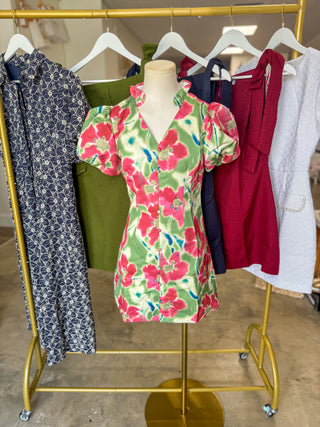 Green Brushstroke Blooms Faux Button Mini Dress