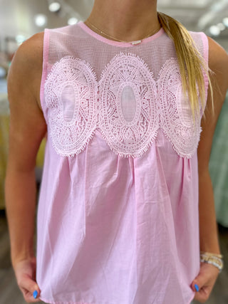 Baby Pink Contrast Mesh Detail Short Sleeve Top