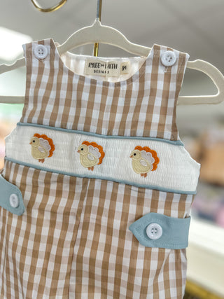 Jon Jon-Fall Thanksgiving Apricot Plaid Chick Embroidery Smocked Boys Jon Jon