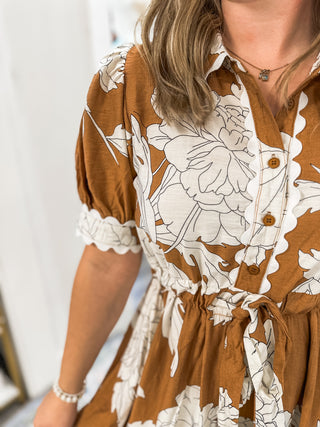 Taupe Evening Petals Short Sleeve Midi Dress