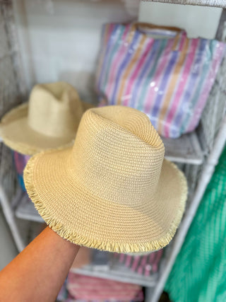 Ivory Rattan Fringe Brim Beach Hat