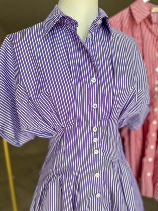 Purple Pinstripe Pleated Button Down Mini Dress