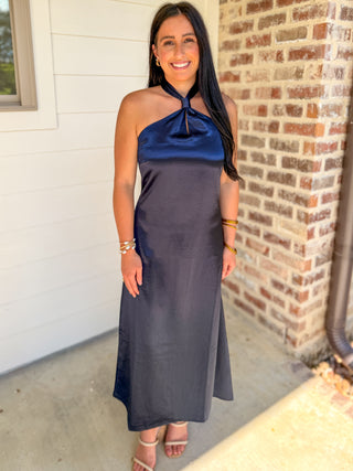 Navy Sutton Halter Neck Satin Midi Dress