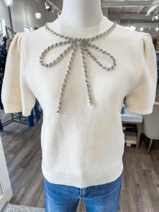 Cream Glitz & Grace Beaded Crystal Bow Sweater