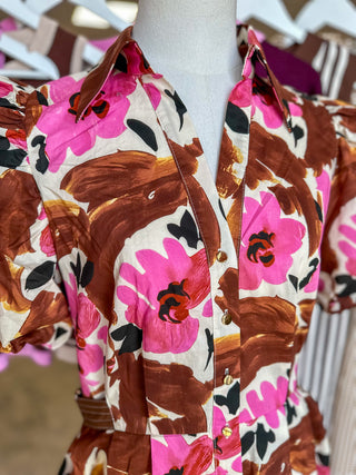 Brown & Pink Painted Petals Pleated Mini Dress
