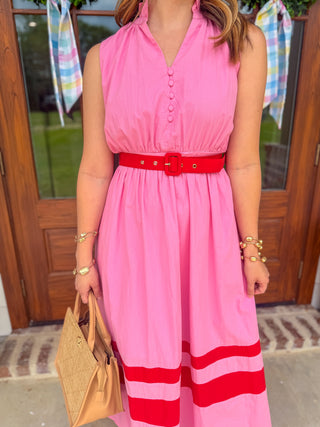 Pink Coastal Elegance Belted Midi Dress