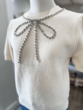 Cream Glitz & Grace Beaded Crystal Bow Sweater