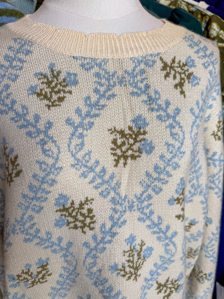 Blue & Sage Willow Floral Jacquard Knit Sweater