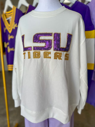 White Sarah LSU Large Logo Sequin Sweatshirt