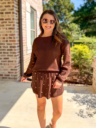 Brown Pearl Charm Long Sleeve Top & Skort Set