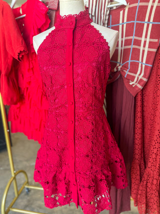 Burgundy Magnolia Lace Halter Neck Mini Dress