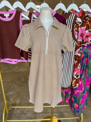 Camel Go-To Gingham Half Zip Mini Dress