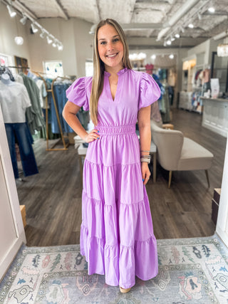 Lavender Puff Sleeve V-Neck Maxi Dress