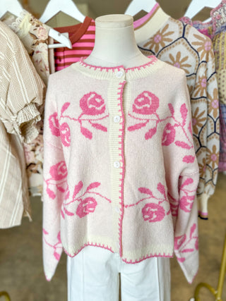 Ivory/Pink Petals & Promises Bell Sleeve Cardigan Sweater