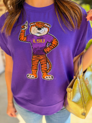 Purple Emily LSU Tiger Mascot Sequin Top