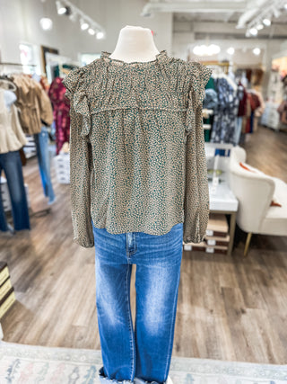 Camel Peacock Ruffle Long Sleeve Blouse