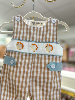 Jon Jon-Fall Thanksgiving Apricot Plaid Chick Embroidery Smocked Boys Jon Jon