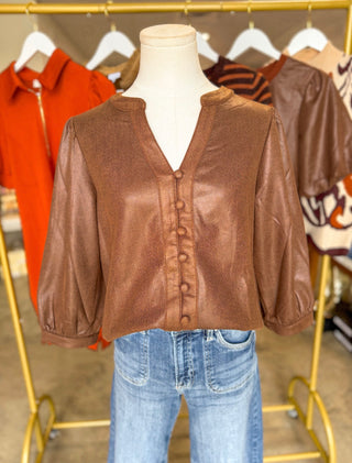 Brown Sleek Buttons Faux Leather Top