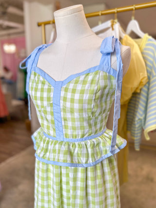 Honeydew & Blue Sweetheart Gingham Corset Midi Dress