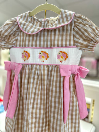 Fall Thanksgiving Lapel Plaid Chick Embroidery Smocking Bow Dress