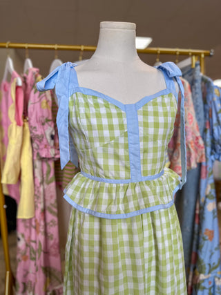 Honeydew & Blue Sweetheart Gingham Corset Midi Dress