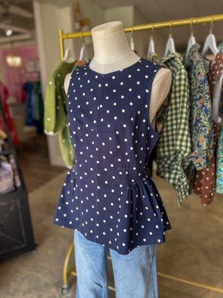 Navy Prescott Polka Dot Peplum Top