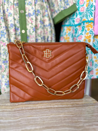 Saddle Brown Ariana V-Quilted Crossbody  | Caroline Hill