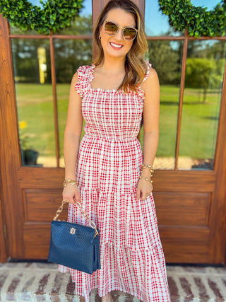 Red Plaid Smocked Tiered Midi Dress