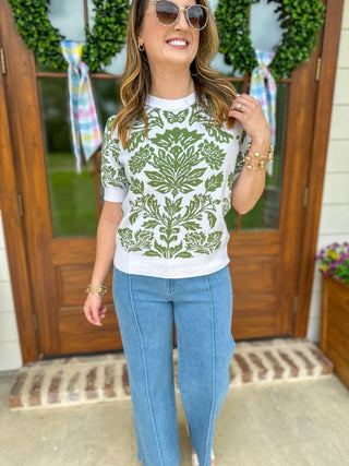 White W/ Olive Green Jacquard Crew Neck Short Sleeve Sweater