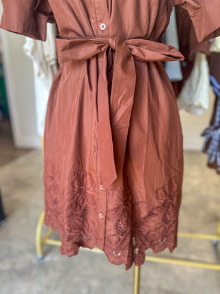 Brown Eleanor Eyelet Trim Belted Mini Dress