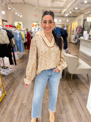 Mocha Palmetto Print Long Sleeve Blouse