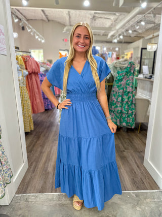 Blue Smocked Waist Tiered Maxi Dress