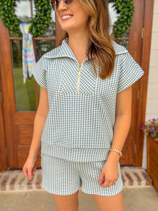 Blue On Repeat Gingham Shorts Set