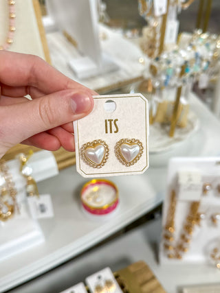 Pearl Heart w/ Gold Trim Stud Earrings