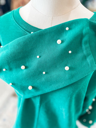 Green Holiday Pearl Charm Long Sleeve Top