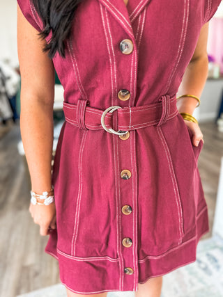 The Sienna Burgundy Belted Mini Dress