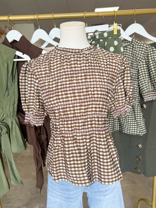 Brown Sweet on Gingham Smocked Top
